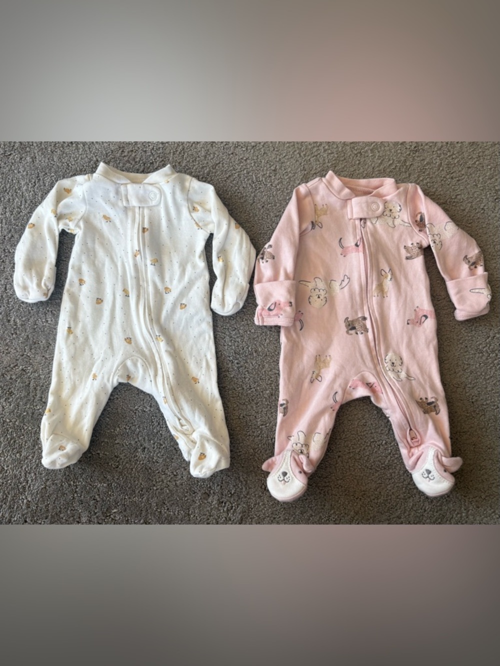 3/$30 Carter's Footed Sleepers- Preemie (0m) - 2 Zip -chicks and dogs - girls